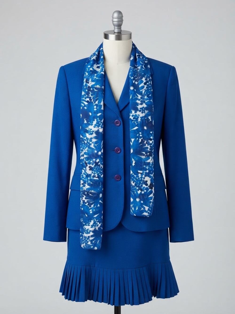 Jones Wear Royal Blue 3-Piece Skirt Suit Set w/ Scarf - Size 10